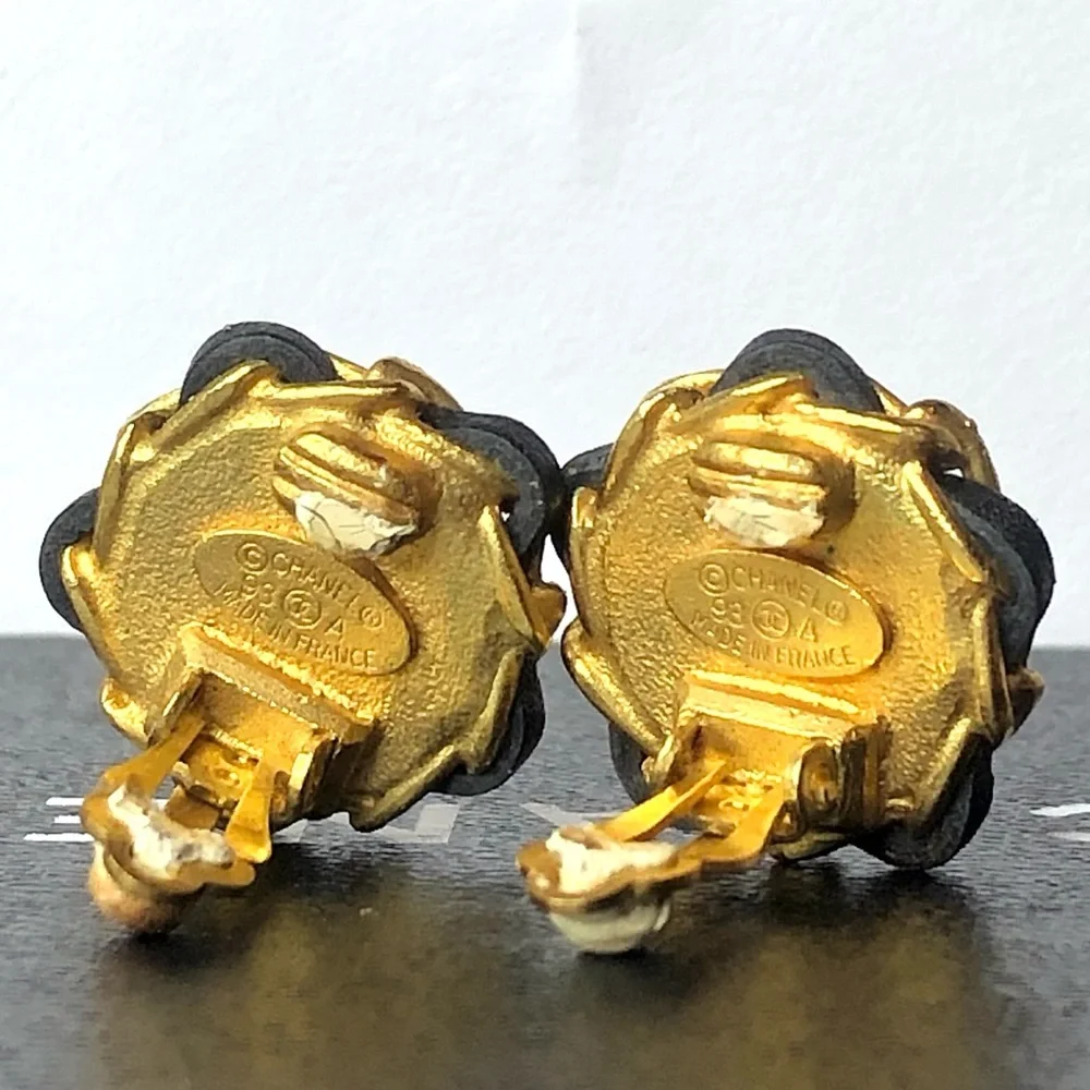 CHANEL Gold and Black Leather Wrapped Pearl Statement Earrings w/ Box